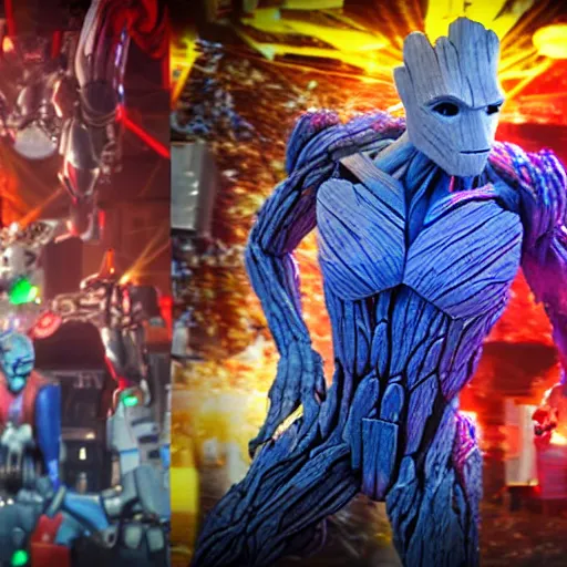 Image similar to groot and optimus prime in techno party among people dancing, wide shoot, after effect ultra realistic 3 d