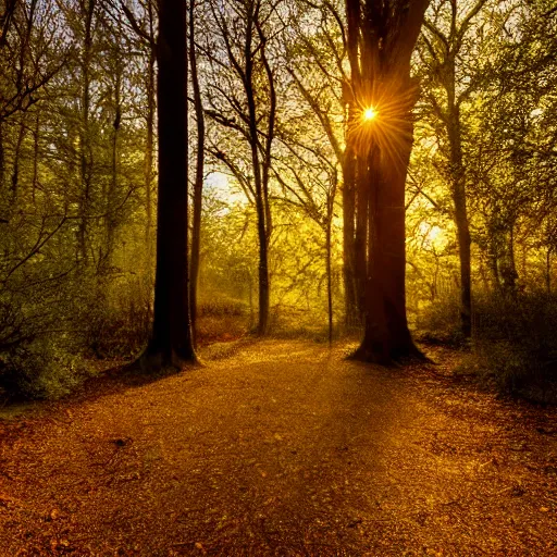 Image similar to woodland path golden hour wide angle, between the trees on the left is a portal to another land with bright sunlight inside, a silhouette of a humanoid stands in the portal, highly textured, adventurous