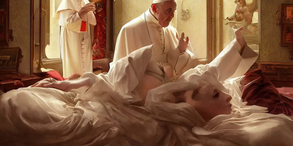 Image similar to photography of a pope making touching a sensual woman in a bedroom, deep focus, intricate, elegant, highly detailed, digital painting, artstation, concept art, matte, sharp focus, illustration, art by artgerm and greg rutkowski and alphonse mucha