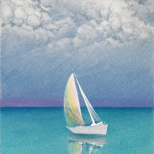 Image similar to etching peaceful by makoto shinkai, by donna huanca. a beautiful drawing of a sailboat sailing on a sea of clouds, with a rainbow in the background. the sailboat is crewed by a group of monkeys, & the sails are billowing in the wind.