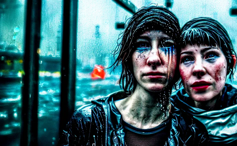 Prompt: cinestill 5 0 d candid photographic portrait by helen levitt of two cyberpunks wearing rugged silver mesh techwear in treacherous waters, extreme closeup, modern cyberpunk moody depressing cinematic, pouring rain, 8 k, hd, high resolution, 3 5 mm, f / 3 2, ultra realistic faces, ex machina