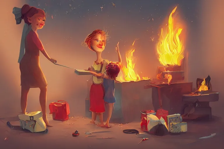 Prompt: a crazy housewife hurries up to pack daughter's things, surrounded with fire, digital art, trending on artstation