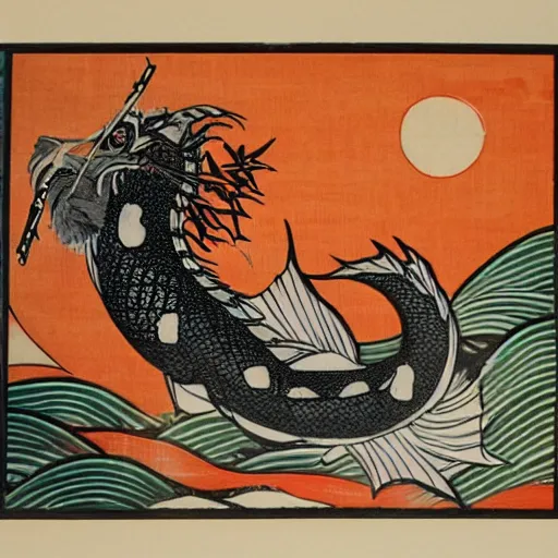 Image similar to koi fish, dragon, sunset, samorai, eating sushi, gensha, ukiyo - e