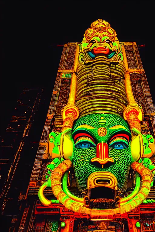 Prompt: high quality photo hyperrealistic cyberpunk hanuman head building, neon yellow madhubani, highly detailed, in sci - fi mumbai, cinematic smooth, liam wong, moody light, low angle, uhd 8 k, sharp focus