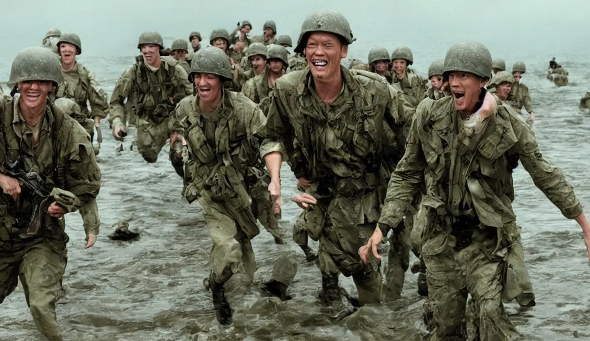 Image similar to Hollywood image of Matthew Lillard as shaggy from scooby doo, storming the beaches of Normandy, with soldiers by his side, saving private Ryan, 70mm film, HD, high detail, photorealistic, epic shot, Hollywood cinematic masterpiece, Christopher Nolan