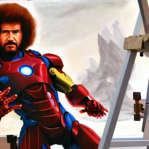 Prompt: a closeup photorealistic photograph of bob ross working on a canvas painting of iron man. film still. this 4 k hd image is trending on artstation, featured on behance, well - rendered, extra crisp, features intricate detail, epic composition and the style of unreal engine.