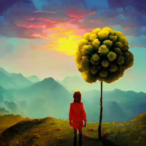 Image similar to giant carnation flower head, girl hiking in the mountains, surreal photography, sunrise, dramatic light, impressionist painting, colorful clouds, digital painting, artstation, simon stalenhag