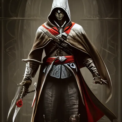 Image similar to an ultra detailed vector image of ezio auditore dressed as the hunter from bloodborne, concept art by alphonse mucha and greg rutkowski, praise the blood moon, octane render, liminal space