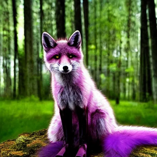 Image similar to a purple fox with a long fluffy and shiny coat sits in the forest on a ufo flying saucer. super realistic photo. clear details