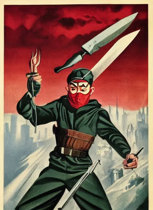 Image similar to man in hood and red eyes with a knife, 1940s propaganda poster, full hd,highly detailed