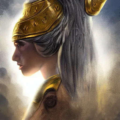 Prompt: young ancient greek woman in golden helmet, giant grey-haired bearded male face in the sky, epic fantasy style art, fantasy epic digital art