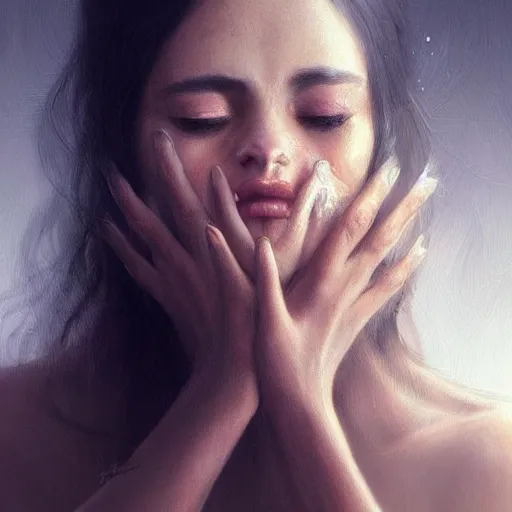 Image similar to Stunning portrait of Beautiful Hispanic tiny nose womans face with her hands covering her eyes. Soft render, Greg Rutkowski details, Tears pouring down from her eyes, music album cover, artstation, pixivi