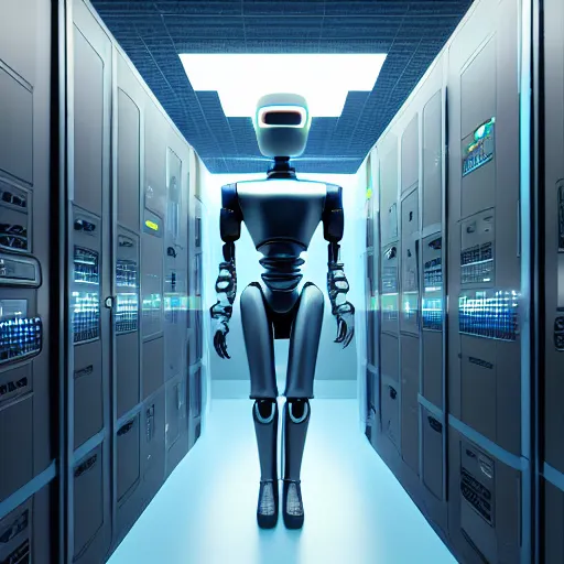 Prompt: hyperrealism stock photo of highly detailed stylish humanoid robot in futuristic sci - fi style by gragory crewdson and vincent di fate in the highly detailed data center by mike winkelmann and laurie greasley rendered in blender and octane render