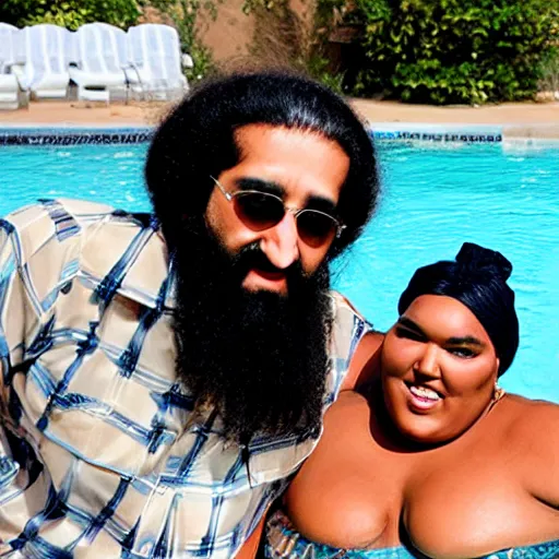 Prompt: osama bin laden and lizzo in a pool