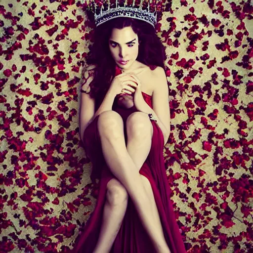 Image similar to full body fine art photo of the beauty gal gadot, she has a crown and a dress made of dried roses done by oleg oprisco