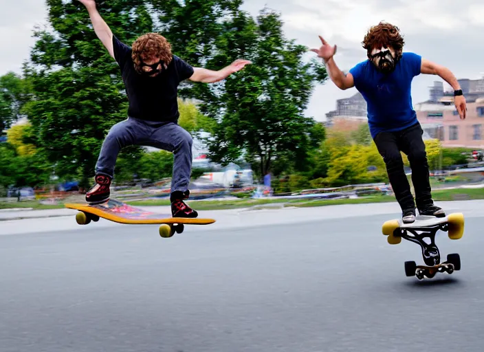 Prompt: dslr photo still of peter dinklage on a skateboard flying through the air, 4 k, 1 2 0 mm f 1 6