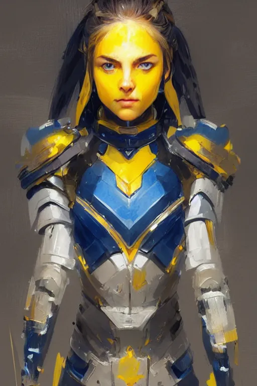 Prompt: yellow and blue, portrait, armor girl, beautiful eyes, beautiful face, high detail, concept art, digital art, art of greg rutkowski, trending on artstation, trending on deviantart, 4 k,