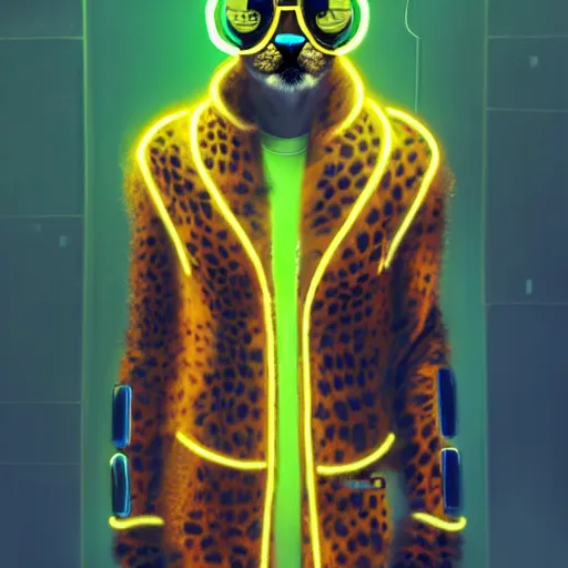 Image similar to a beautiful commission of a male anthropomorphic cheetah wearing a neon jacket,futuristic,detailed face,character design by charles bowater,mohawk,cyberpunk style,deviantart,artstation,art by greg rutkowski,ross tran,professional lighting,neon city,night,raytracing,rtx,highly realistic,4k,dramatic,hyperrealism