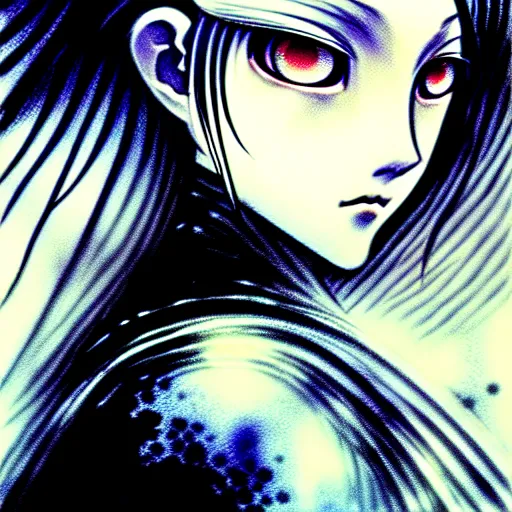 Image similar to Yoshitaka Amano blurred and dreamy illustration of an anime girl with wavy white hair and cracks on her face wearing Elden ring armour with the cape fluttering in the wind, abstract black and white patterns on the background, noisy film grain effect, highly detailed, Renaissance oil painting, weird portrait angle