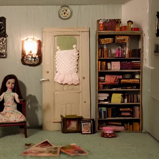 Prompt: liminal space of a doll house, found footage, backrooms, spooky