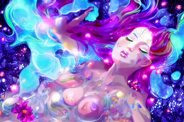 Image similar to psychedelic, full body, whimsical, anime, 4k, beautiful intimate woman blowing smoke, with professional makeup, long trippy hair, a crystal and flower dress, sitting in a reflective pool, surrounded by gems, underneath the stars, rainbow fireflies, trending on patreon, deviantart, twitter, artstation, volumetric lighting, heavy contrast, art style of Ross Tran and Viktoria Gavrilenko and Ilya Kuvshinov
