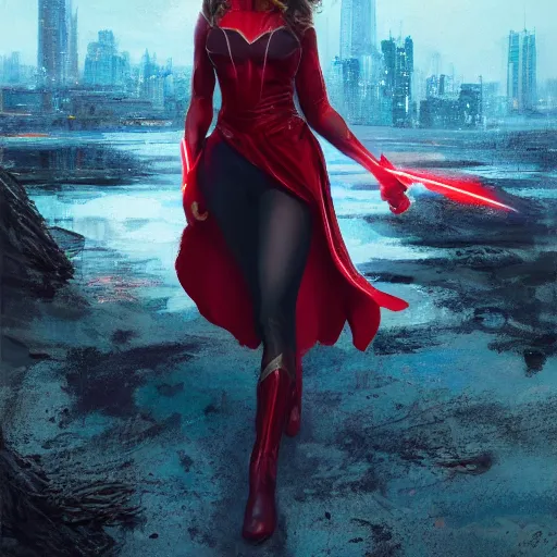 Image similar to a potrait of Gal Gadot as Scarlet witch by Greg Rutkowski, Sung Choi, Mitchell Mohrhauser, Maciej Kuciara, Johnson Ting, Maxim Verehin, Peter Konig, 8k photorealistic, cinematic lighting, HD, high details, dramatic, trending on artstation, full body shot