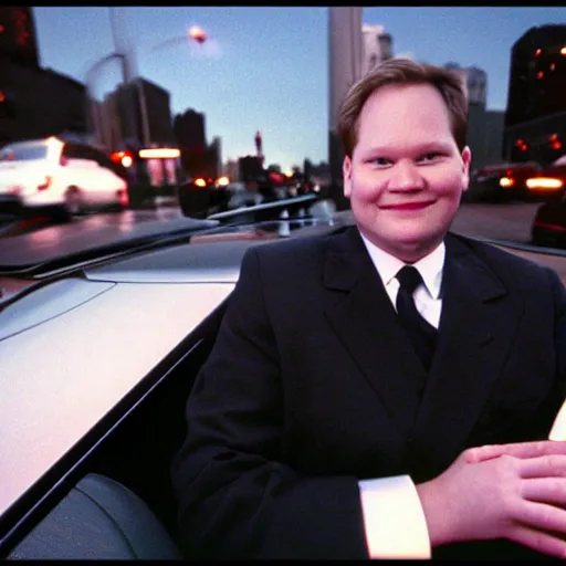 Prompt: 1 9 9 8 andy richter wearing a black wool coat and necktie in his car driving through the streets of chicago at night, pov back seat of car, cozy atmosphere