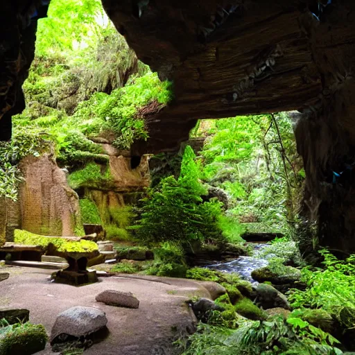 Image similar to ancient temple,plants and waterfalls in the interior of a cave