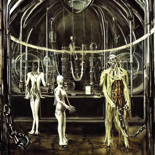 Prompt: horrorpunk interior of pristine steampunk asylum laboratory testing chamber containing a chained mutant cyborg nicola samori hr giger william-adolphe borguereau viktor vasnetsov charlie bowater acrylic painting