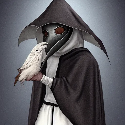 Image similar to female plague doctor donning a black hood, steel knightly armor and a white crow mask, trending on artstation