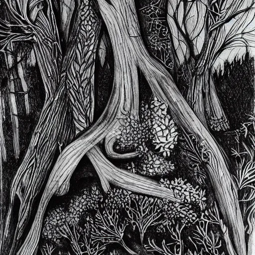 Prompt: forest, detailed intricate sketch, 4k, illustration, cross hatched, black ink on white paper