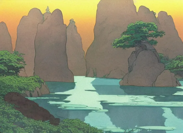 Image similar to bathed in sun, pleasing morning, appealing smooth flat rocky environment sunningrocks by the river's shore, sparse clearing, still placid environment matte painting from studio ghibli and the fox and the hound ( 1 9 8 1 )