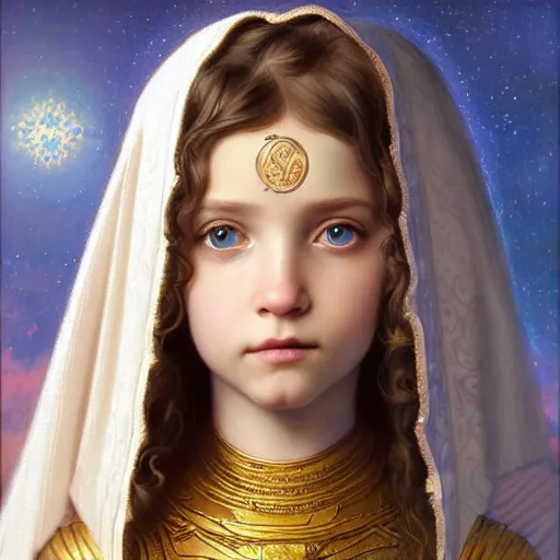 Image similar to a little girl with short wavy curly light brown hair and blue eyes, a space empress in byzantine style. beautiful highly detailed face, painting by artgerm and greg rutkowski and bouguereau.