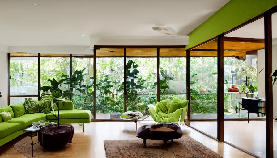 Image similar to interior of a 60s modern home that is avocado themed