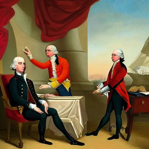 Prompt: painting of george washington doing a dab pose as donald trump watches and cries