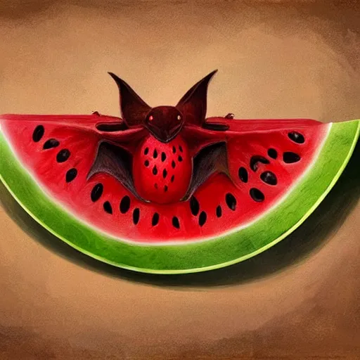 Image similar to cute realistic bat sits and eats a triangle slice of watermelon, highly detailed, sharp focus, digital painting, artwork by Victor Adame Minguez + Sandro Botticelli