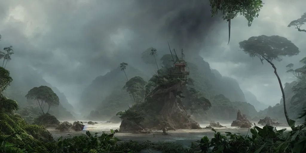 Prompt: epic matte painting of a misty jungle island on choppy seas, cinematic cinematography masterpiece, skull, greg rutkowski, and ivan aivazovski, roger deakins