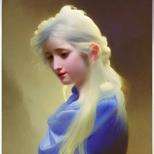 Prompt: young woman's face, her hair is white and she wears a cobalt blue duchesse satin cloak, by ivan aivazovsky and syd mead and moebius and gaston bussiere and roger dean and willem claesz and pieter claesz and paul delaroche and alma tadema and aelbert cuyp, hyperrealistic, volumetric light, octane