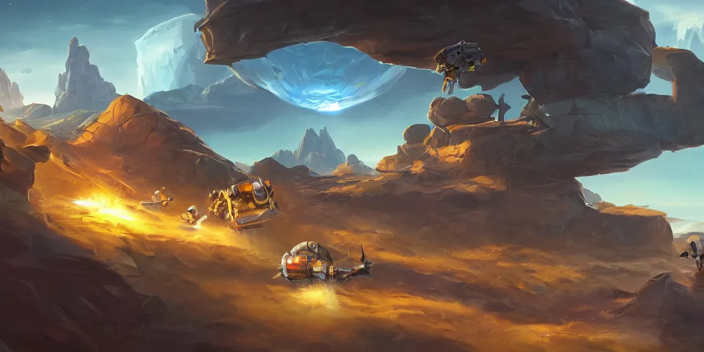 Image similar to marketing game illustration, a space craft run into the rocks canyon very fast in the style of Blizzard and Riot Games