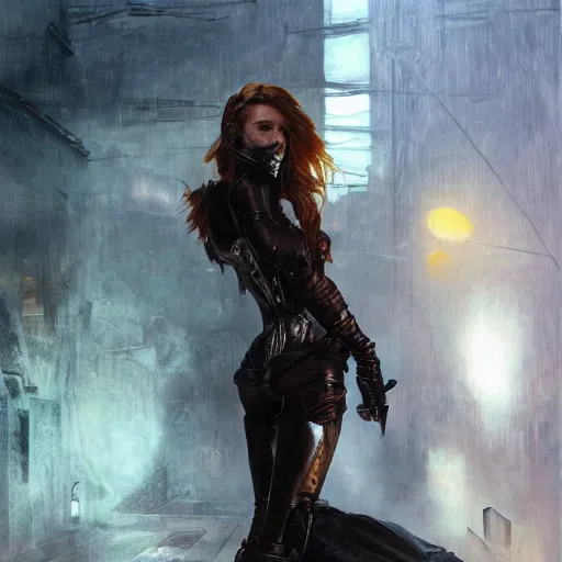 Image similar to bella thorne wearing leather armor, hyperrealistic full figure, bladerunner street alley, art of elysium by frank frazetta and by jeremy mann and by alphonse mucha, fantasy art, photo realistic, dynamic lighting, artstation, full figure poster, volumetric lighting, very detailed face, 4 k, award winning