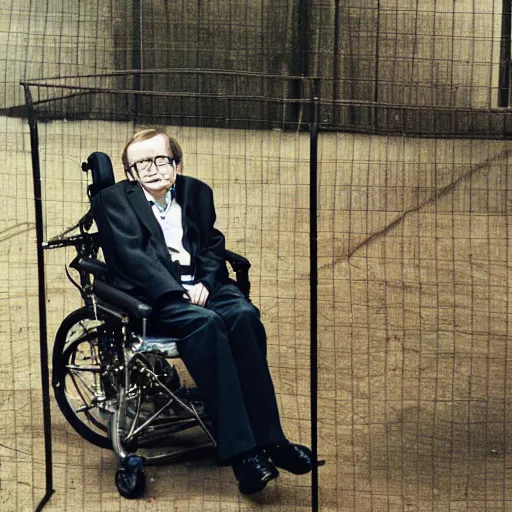 Prompt: stephen hawking in a zoo cage, photography,