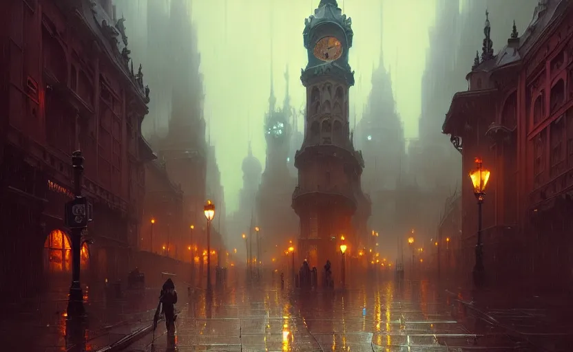 Image similar to a victorian city with rainy and moody cinematic lighting by darek zabrocki and greg ruthkowski, alphonse mucha, simon stalenhag and cinematic and atmospheric, concept art, artstation, trending on artstation