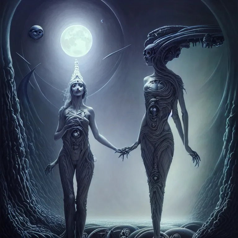 Image similar to skewed in the void, hr giger and cgsociety. one stunning luna goddess of personification of the moon by charlie bowater and tom bagshaw, insanely detailed, artstation, space art. sparkling flower fractules surrounded by skulls and robots deep under the sea, horror, fantasy, surrealist painting, by peter rohrabacher annatto finnstark