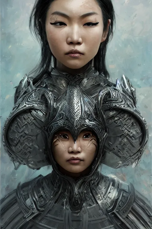 Image similar to Art station concept of Asian woman, fair skin, big eyes, long black hair, no bangs, wearing sculpted textured armor, closes her eye, battle damage, intricate complexity, close-up of the front of the face, resolute expression, back lighting, 4K resolution, symmetric, clear facial features, by Ruan Jia and Mandy Jurgens and William-Adolphe Bouguereau, Karol Bak, smooth, sharp focus, rich deep colors, Unreal Engine 5, digital render, intricate, ultra realistic, concept art,