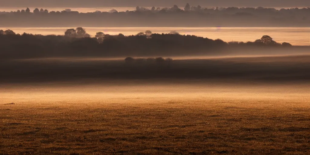 Prompt: the rising sun sent fingers of light through the pale white mists of dawn. a wide plain spread out beneath them, bare and brown, its flatness here and there relieved by long, low hummocks.