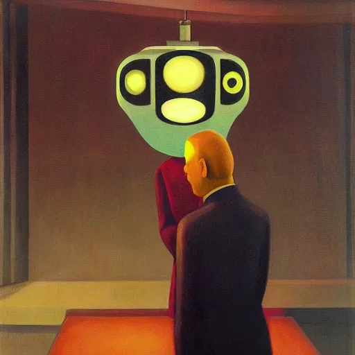 Image similar to a mesmerized robot with large glowing eyes staring at a control panel, portrait, pj crook, grant wood, edward hopper, syd mead, chiaroscuro, oil on canvas
