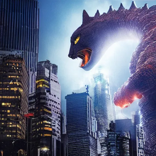 Image similar to cat, Godzilla, destroy city