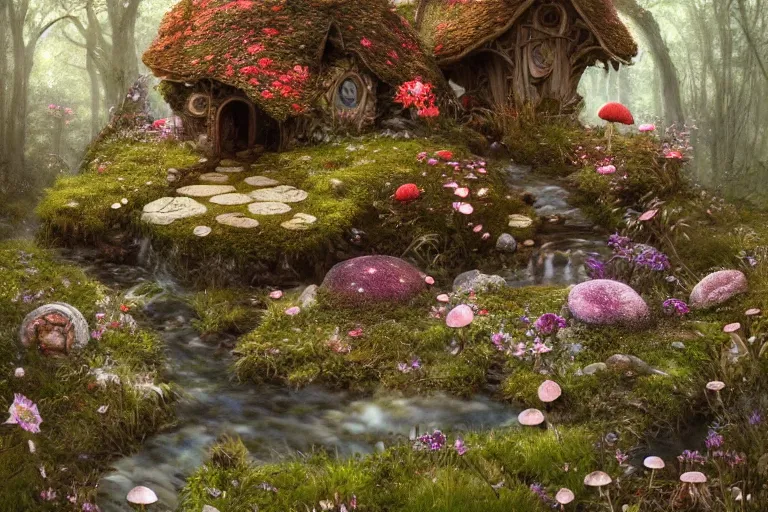 Image similar to wide angle view, a beautiful digital painting of a fairy house by a stream made of rocks and mushrooms, flowers, beautiful tranquil day, by greg rutkowski, brian froud, marc simonetti, jean - baptiste monge, and alphonse mucha, symmetry, complementary colors, ink illustration, trending on artstation