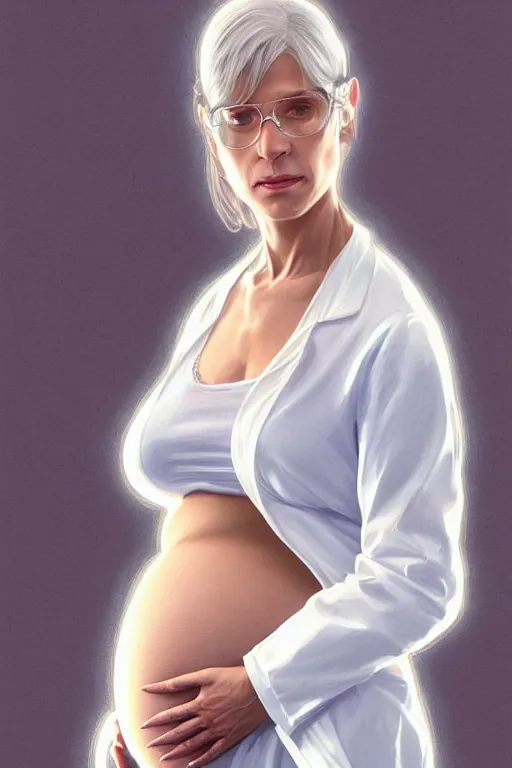 Image similar to pregnant anthony fauci in a translucent white lab coat, realistic portrait, symmetrical, highly detailed, digital painting, artstation, concept art, smooth, sharp focus, illustration, cinematic lighting, art by artgerm and greg rutkowski and alphonse mucha