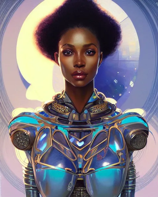 Image similar to Portrait of very very very very very very beautiful african woman, spacesuit, futuristic cybernetic helmet, blue eyes, real life skin, intricate, elegant, highly detailed, artstation, concept art, smooth, sharp focus, art by artgerm and greg rutkowski and alphonse mucha